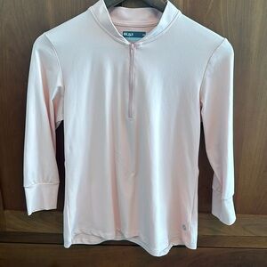 Lija soft pink 1/4 zip pullover with 3/4 length sleeves.